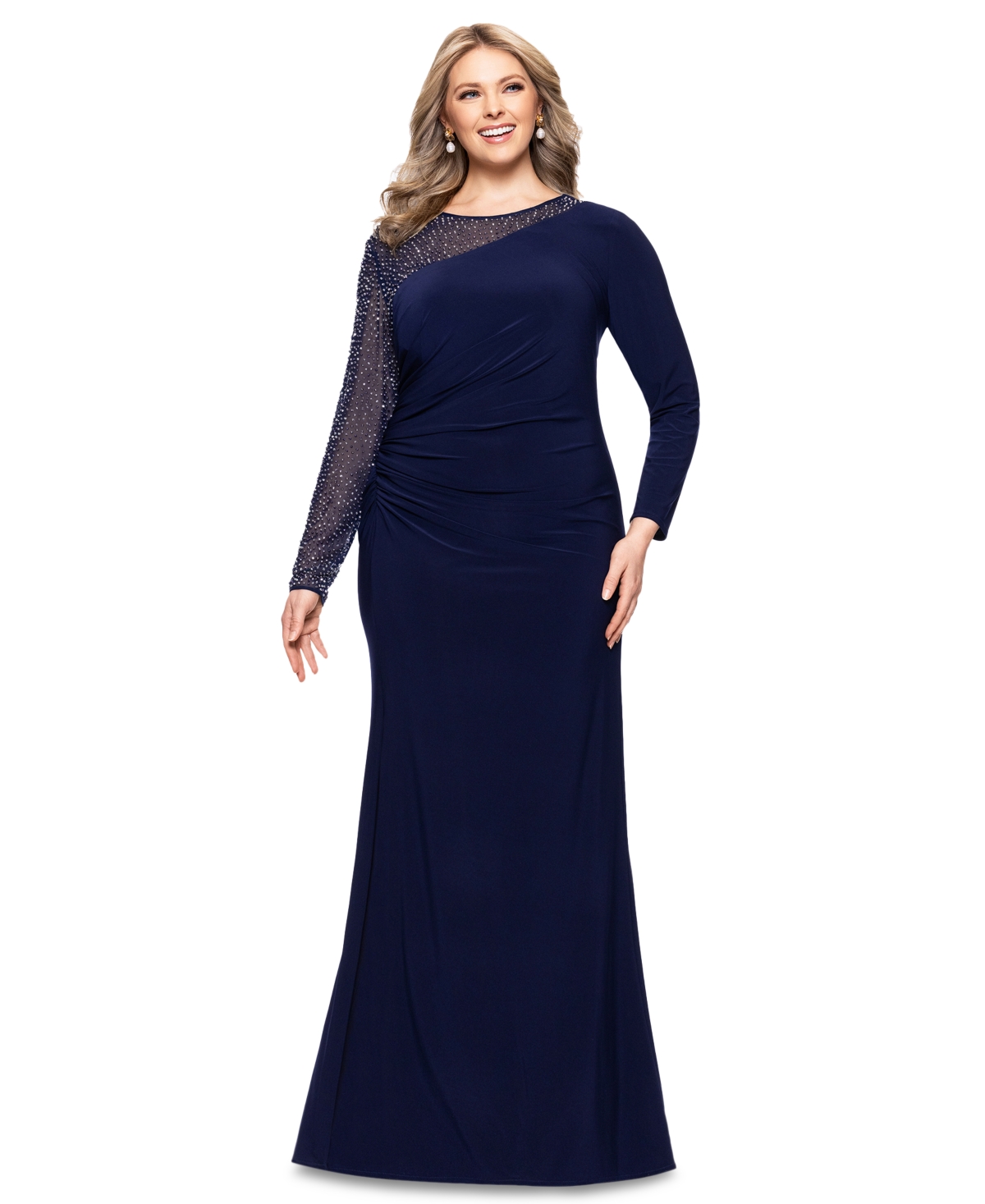 BETSY & ADAM PLUS SIZE EMBELLISHED ASYMMETRIC GOWN 