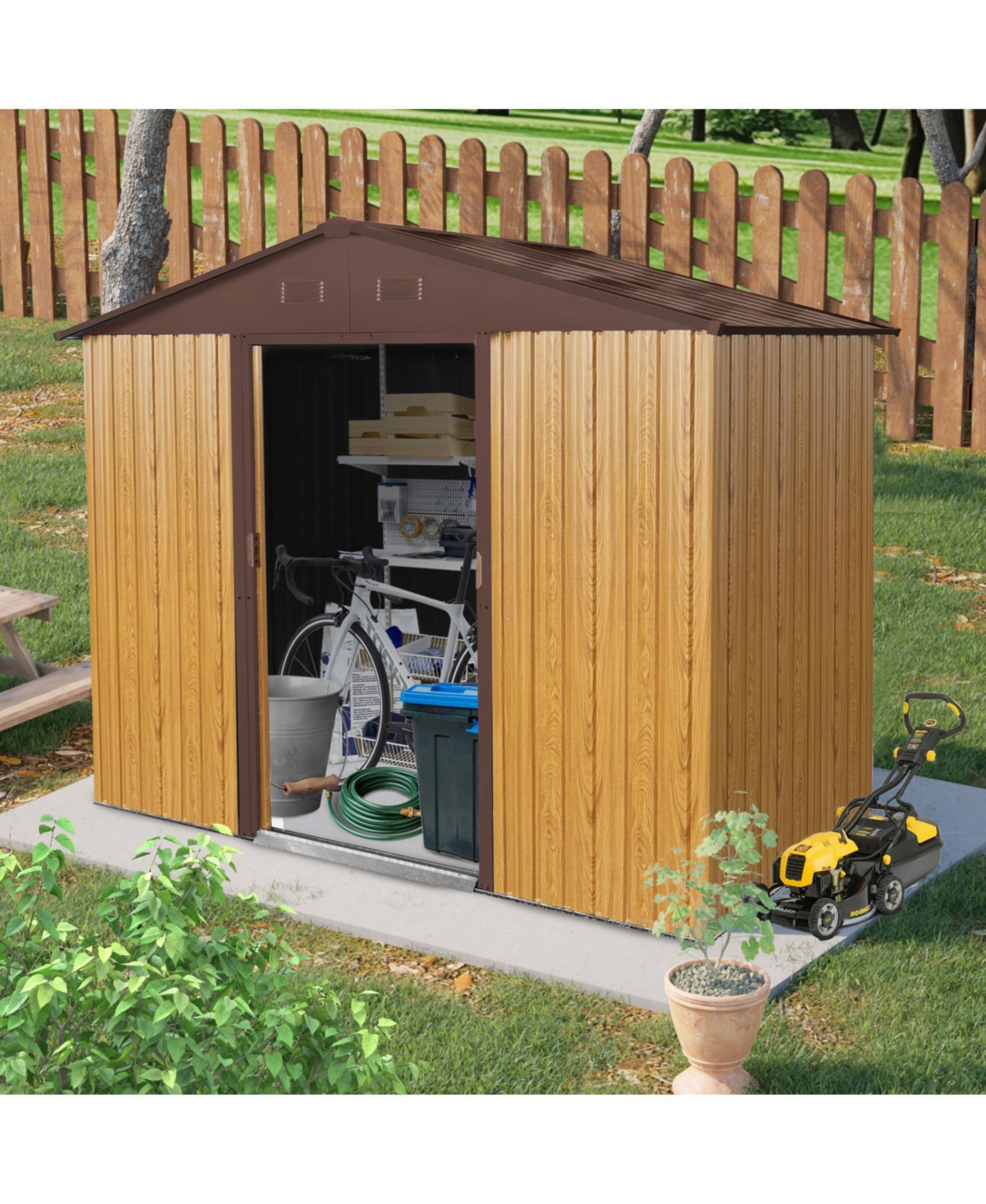 8ft x 4ft Outdoor Metal Storage Shed with Sliding Door and foundation for Backyard, Patio, Lawn (Coffee) - Coffee