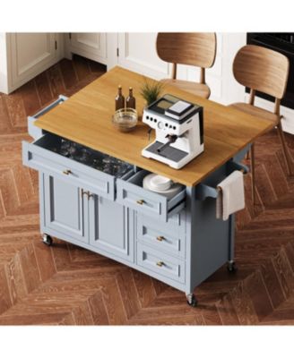  52" Kitchen Island with Drop Leaf, Spice Rack, Towel Rack, Storage Doors and Drawers, Adjustable Shelf