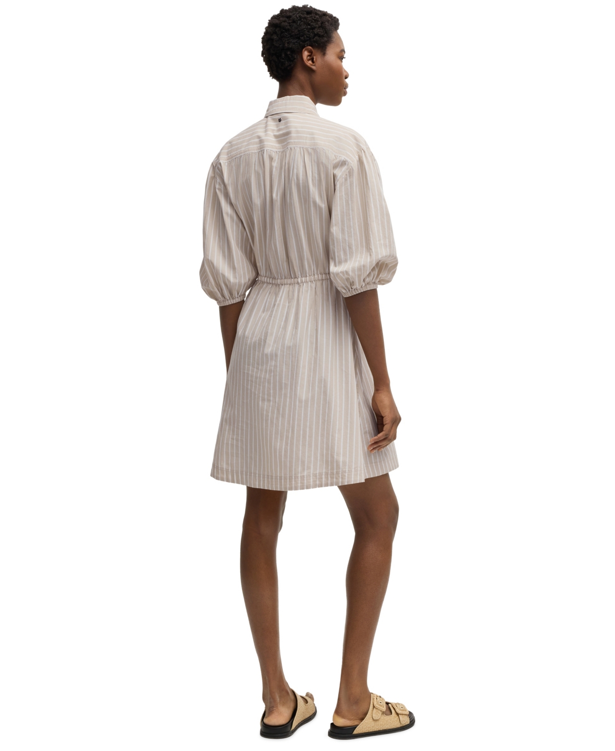 Hugo Boss Striped-cotton Shirt Dress With Elasticated Waist In Open Beige