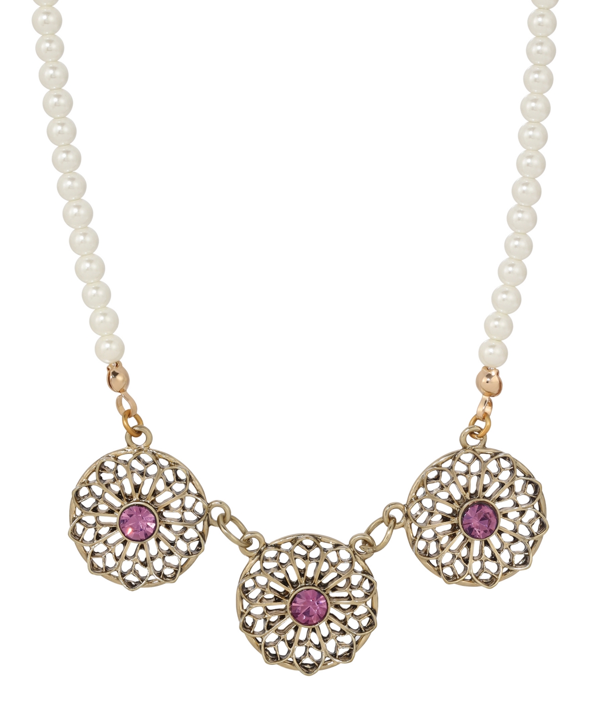 2028 Faux Cultivated Pearl Purple Crystal Filigree Flower Necklace - Purple