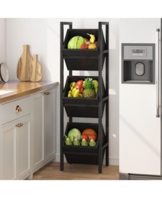 3-Tier Wood Basket Rack Vertical Fruit Stand Storage Organizer for Kitchen, Bathroom, or Living Room