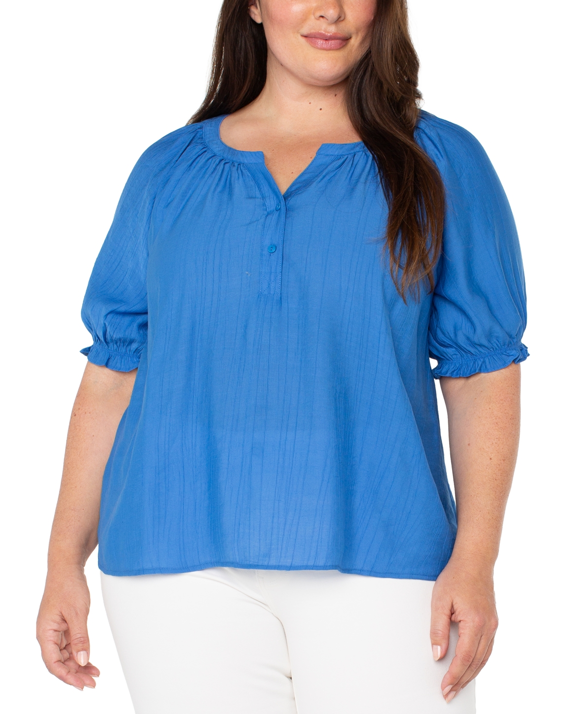 LIVERPOOL LOS ANGELES LIVERPOOL PLUS SIZE WOVEN SPLIT-NECK PUFF-SLEEVE BLOUSE 