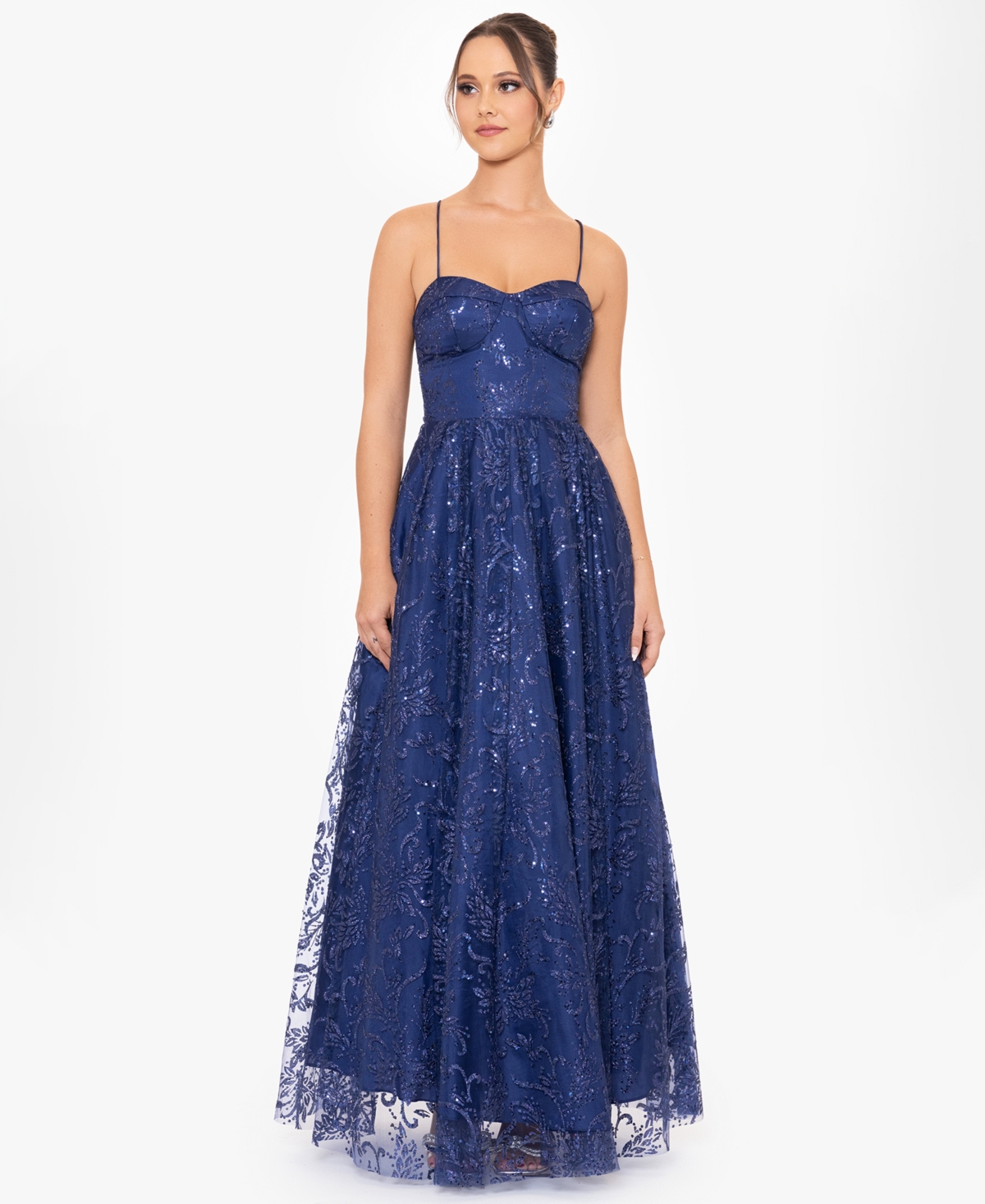 Juniors' Glitter Lace-Up Sweetheart Gown - Navy