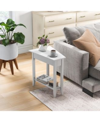 2-Tier Wedge Narrow End Table with Storage Shelf and Solid Wood Legs