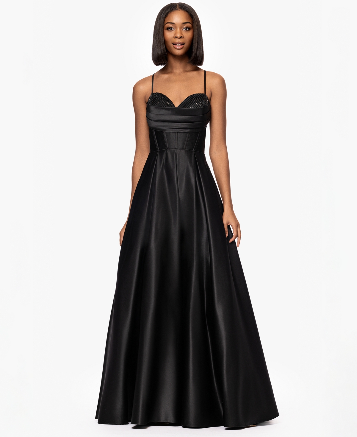 Juniors' Rhinestone Draped-Neck Corset Gown - Black