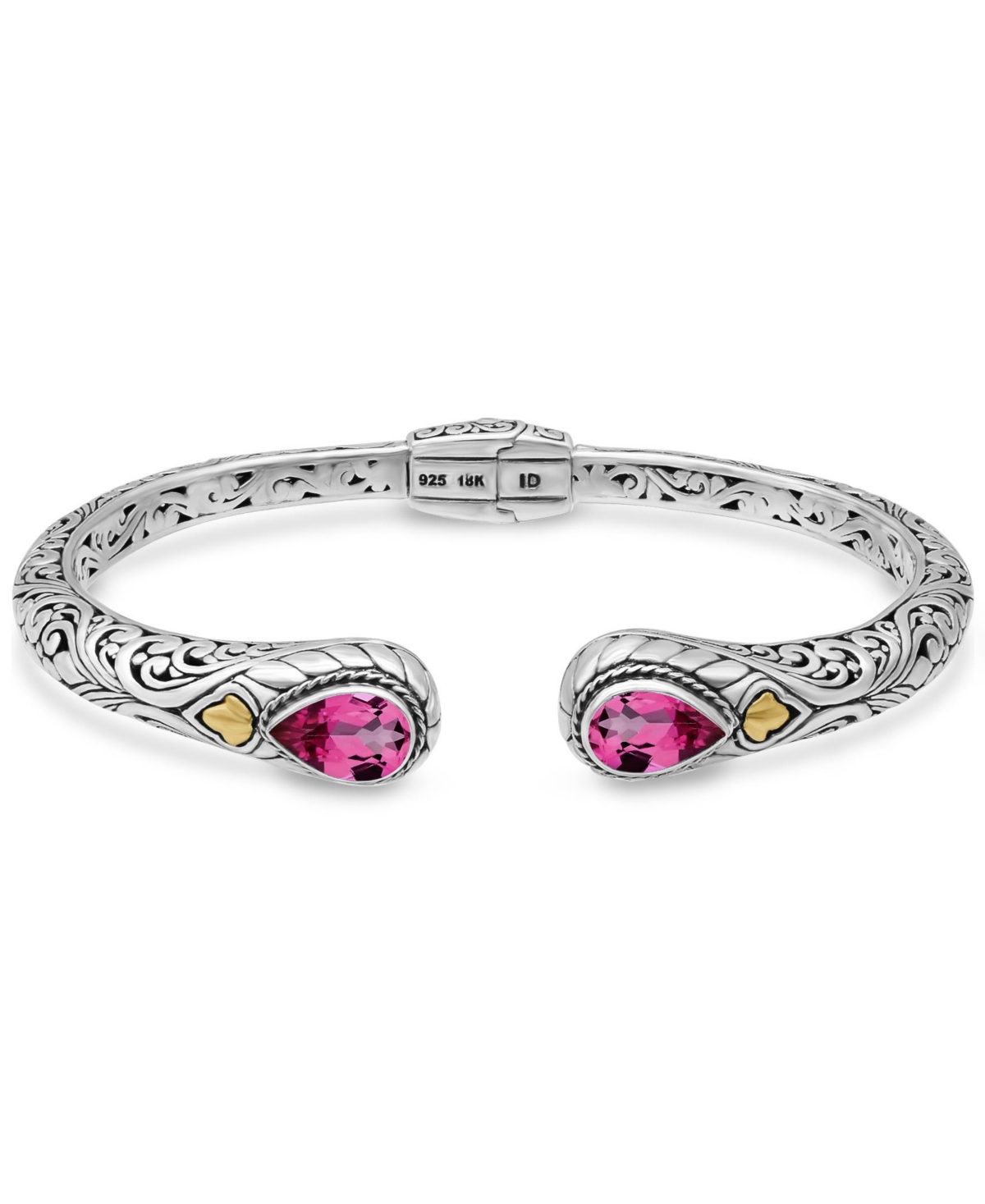 Pink Topaz & Bali Cuff Bracelet in Sterling Silver and 18K Gold Accents, Large - Silver, gold, pink