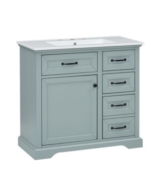 36" Rubberwood & MDF Tip-Out Drawers & Soft-Close Doors Bathroom Vanity with Ceramic Sink