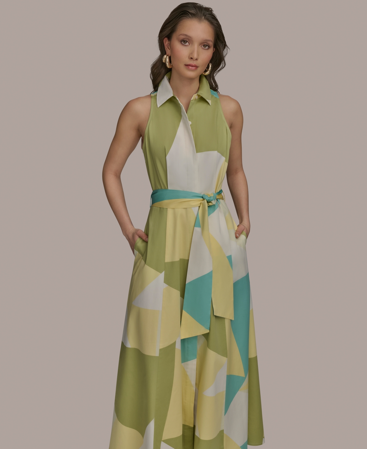 Shop Donna Karan Women's Printed Sleeveless Shirtdress In Kiwi Multi