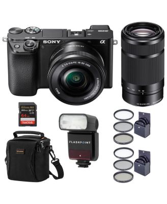 Alpha A6100 Mirrorless Digital Camera, with 16-50mm and 55-210mm Lens Flash Bundle with Flashpoint Zoom-Mini TTL R2 Flash, Bag, Filter