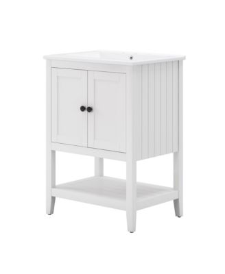 24" White Bathroom Vanity with Elegant Ceramic Sink, Solid Wood Frame & Open Shelf