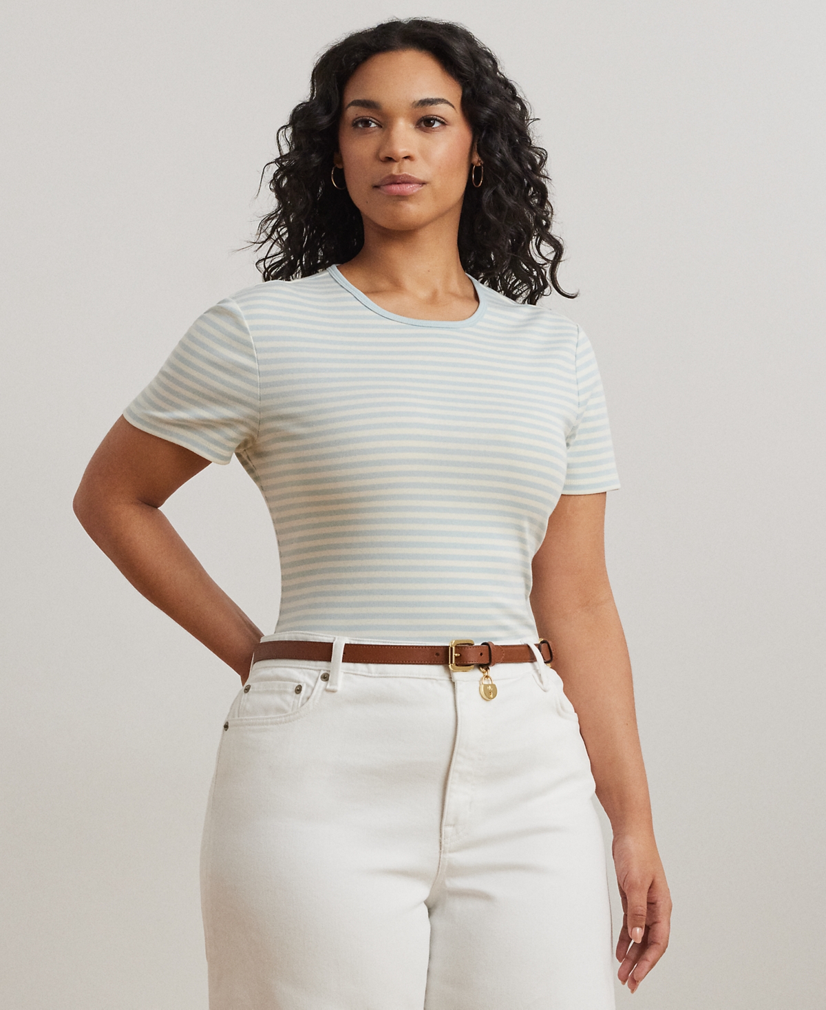 Plus Size Striped Stretch Cotton Crewneck Tee - Soft Lazuli Mascarpone Cream