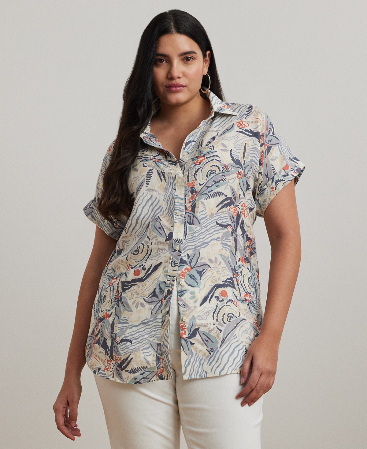 Ralph Lauren Plus Size Relaxed-fit Print Short-sleeve Linen Shirt In Cream Multi