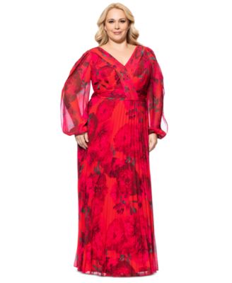 Betsy & Adam - Plus Size Printed Pleated Long-Sleeve Gown