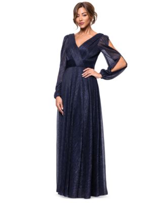 Petite Long-Sleeve V-Neck Crinkle Gown