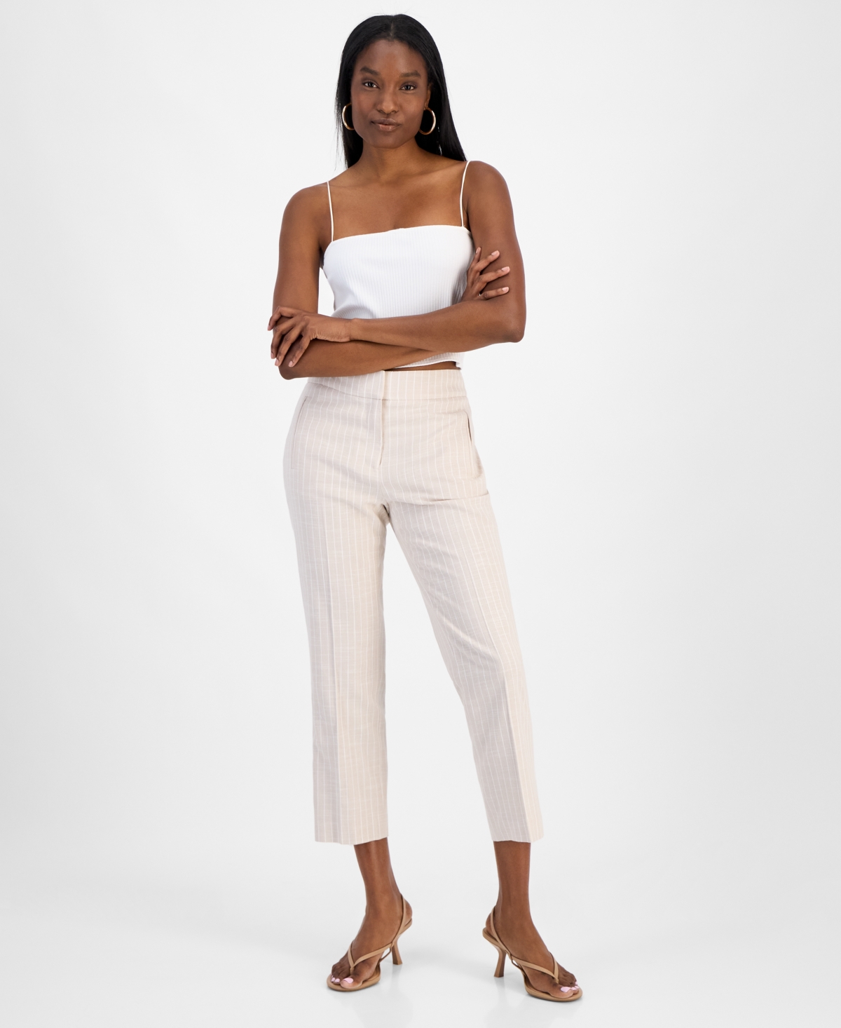 Women's Striped Straight-Leg Cropped Pants, Exclusively at Macy's - Barley Field/blanc