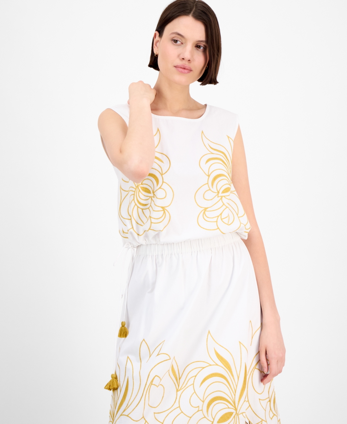 Shop Avec Les Filles Women's Sleeveless Embroidered Drawstring-hem Top