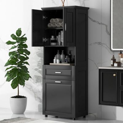 Tall Bathroom Cabinet with Laundry Basket, Large Storage Space Tilt-Out Laundry Hamper and Upper Storage Cabinet, Black