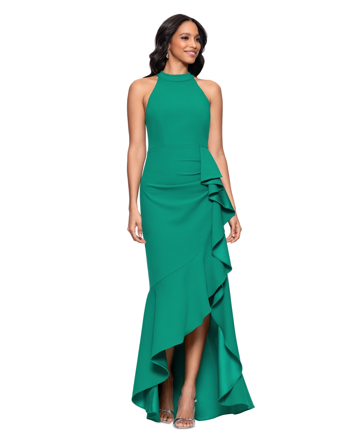 Women's Ruffled High-Low Halter Neck Gown - Green