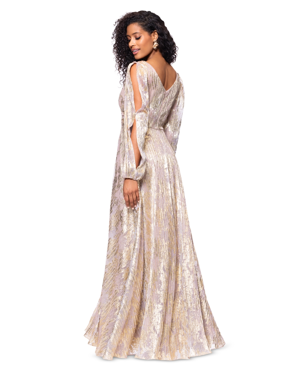 BETSY & ADAM WOMEN'S METALLIC CRINKLED BLOUSON-SLEEVE GOWN 