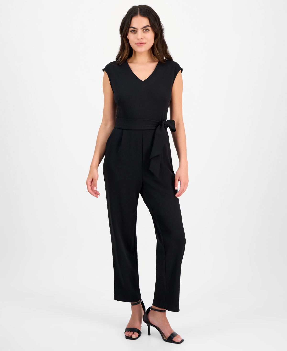 Ak Anne Klein Petite V-neck Belted Crepe Jumpsuit