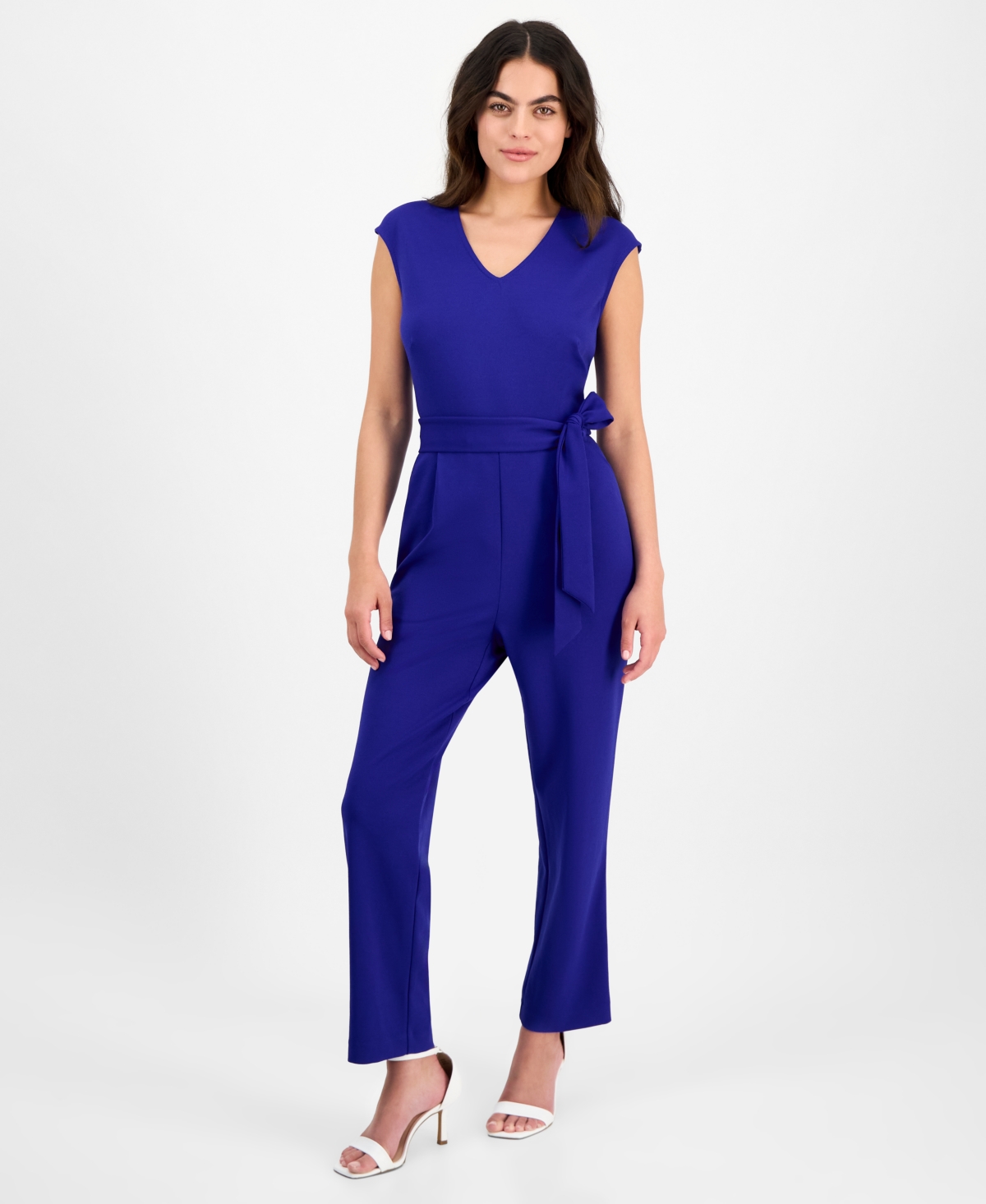 Ak Anne Klein Petite V-neck Belted Crepe Jumpsuit