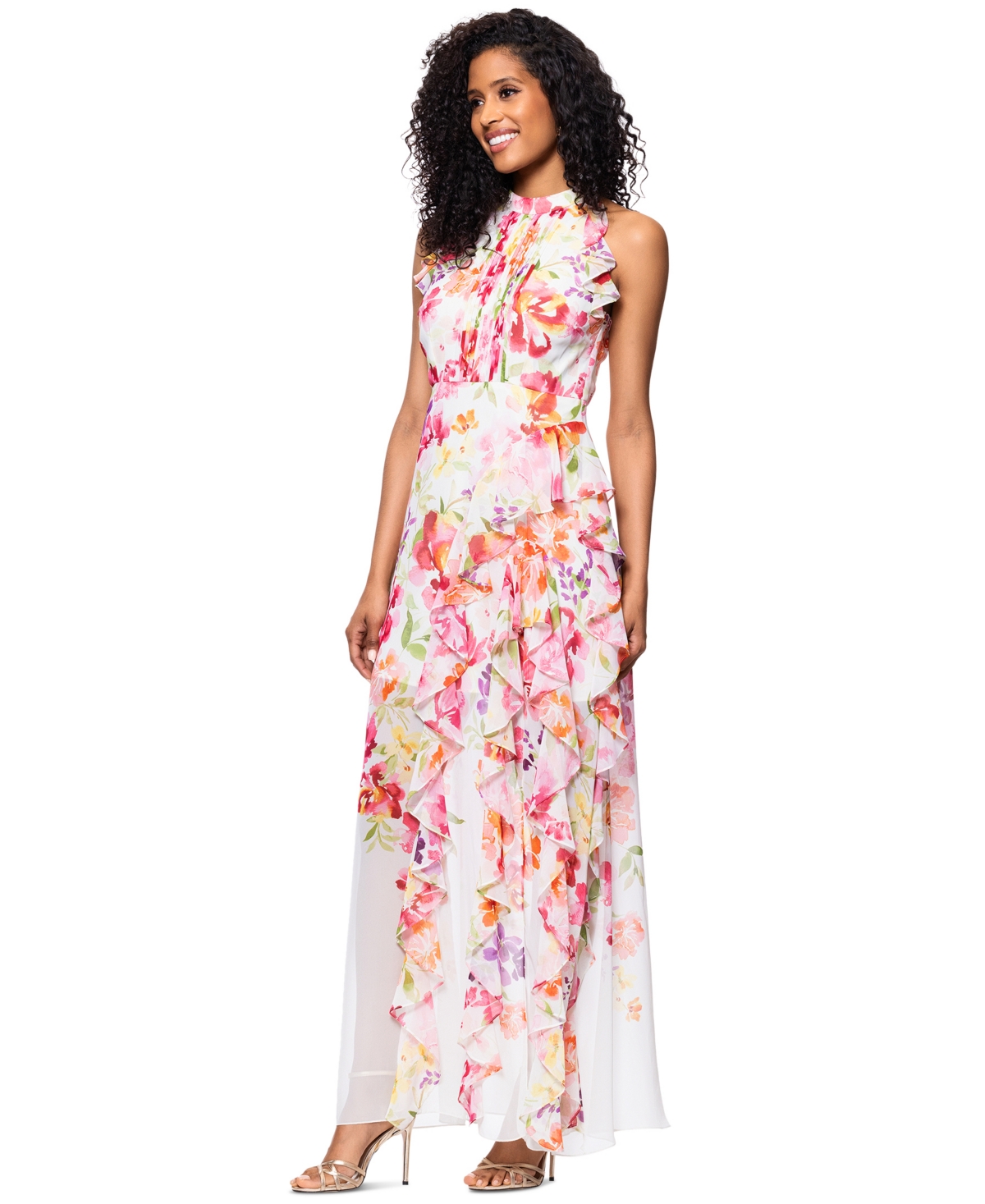 Betsy & Adam Women's Floral Print Ruffled Sleeveless Gown In Pink Multi