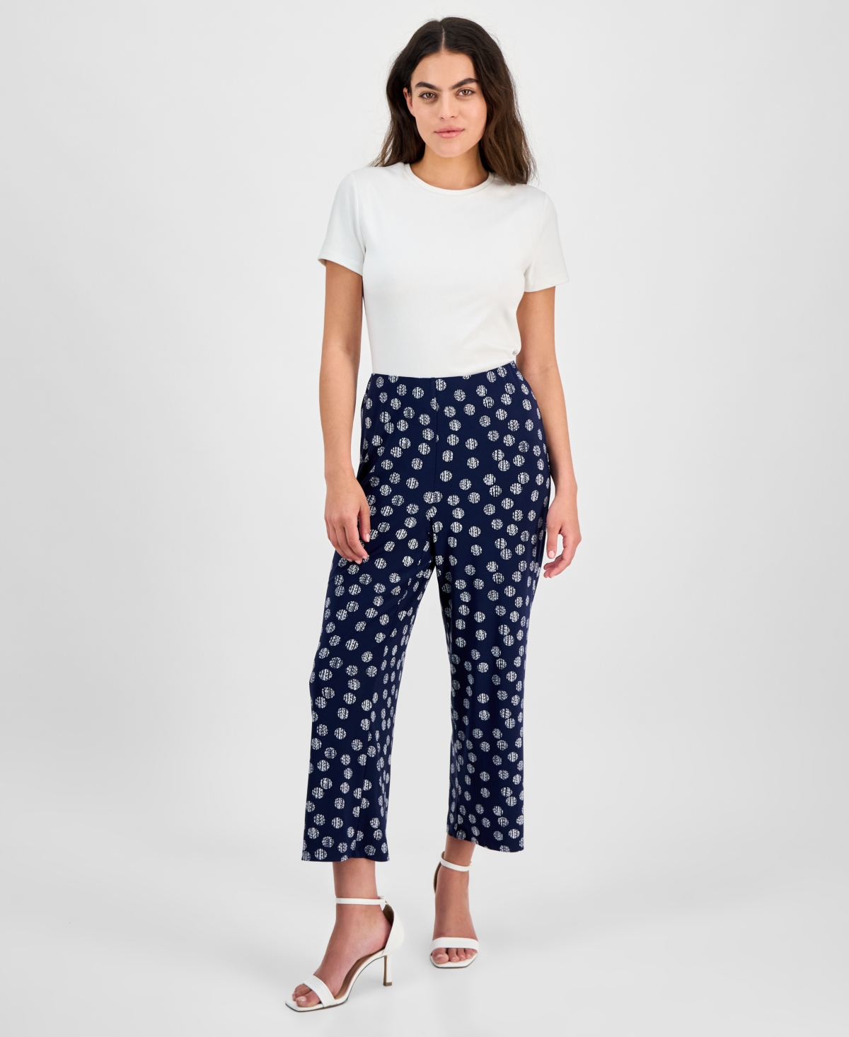 Ak Anne Klein Petite Dot-print Pull-on Mid-rise Pants In Distant Mountain,bright White