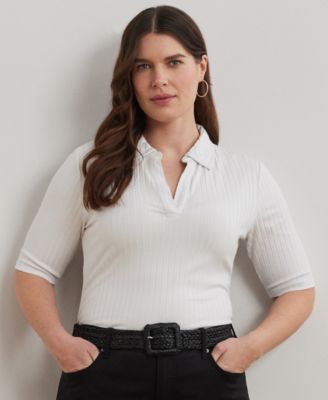 Lauren Ralph Lauren - Plus Size Rib-Knit Elbow-Sleeve Polo Tee