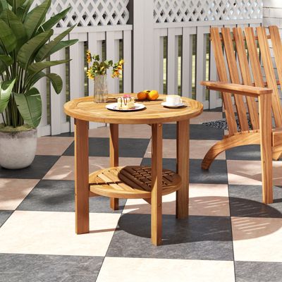 Patio Teak Wood End Table with Round Top and Lower Storage Shelf