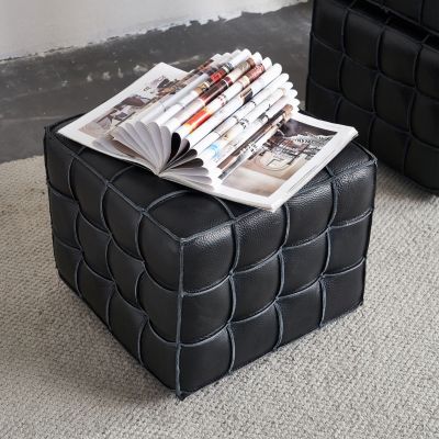17.32"W Genuine Leather Tufted Ottoman,Footstool for Living Room & Bedroom,Black Color