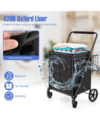 Folding Grocery Cart with Wheels, Basket, and Waterproof Liner for Easy Transport