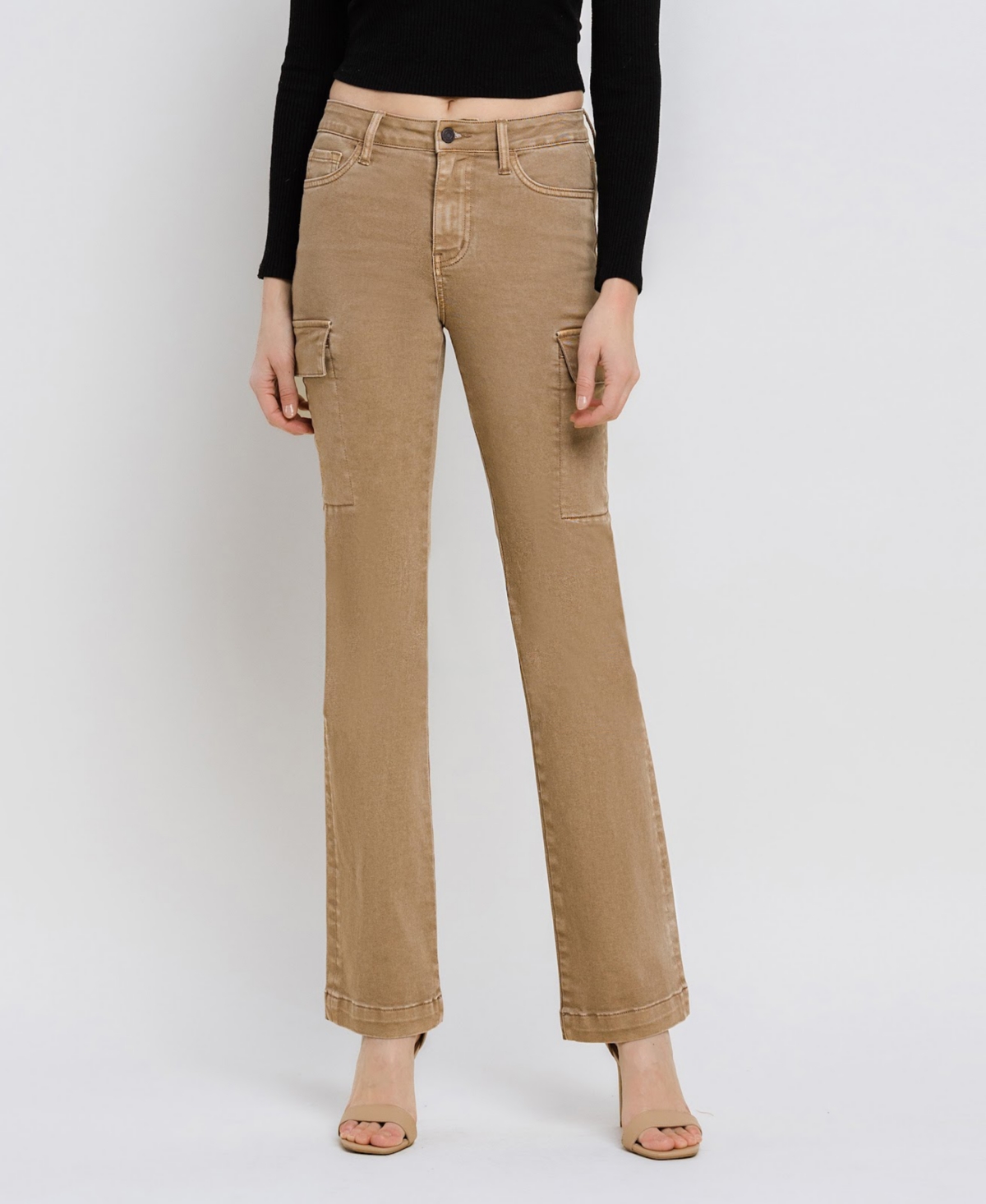 Women's High Rise Cargo Bootcut Jeans - Stone brown