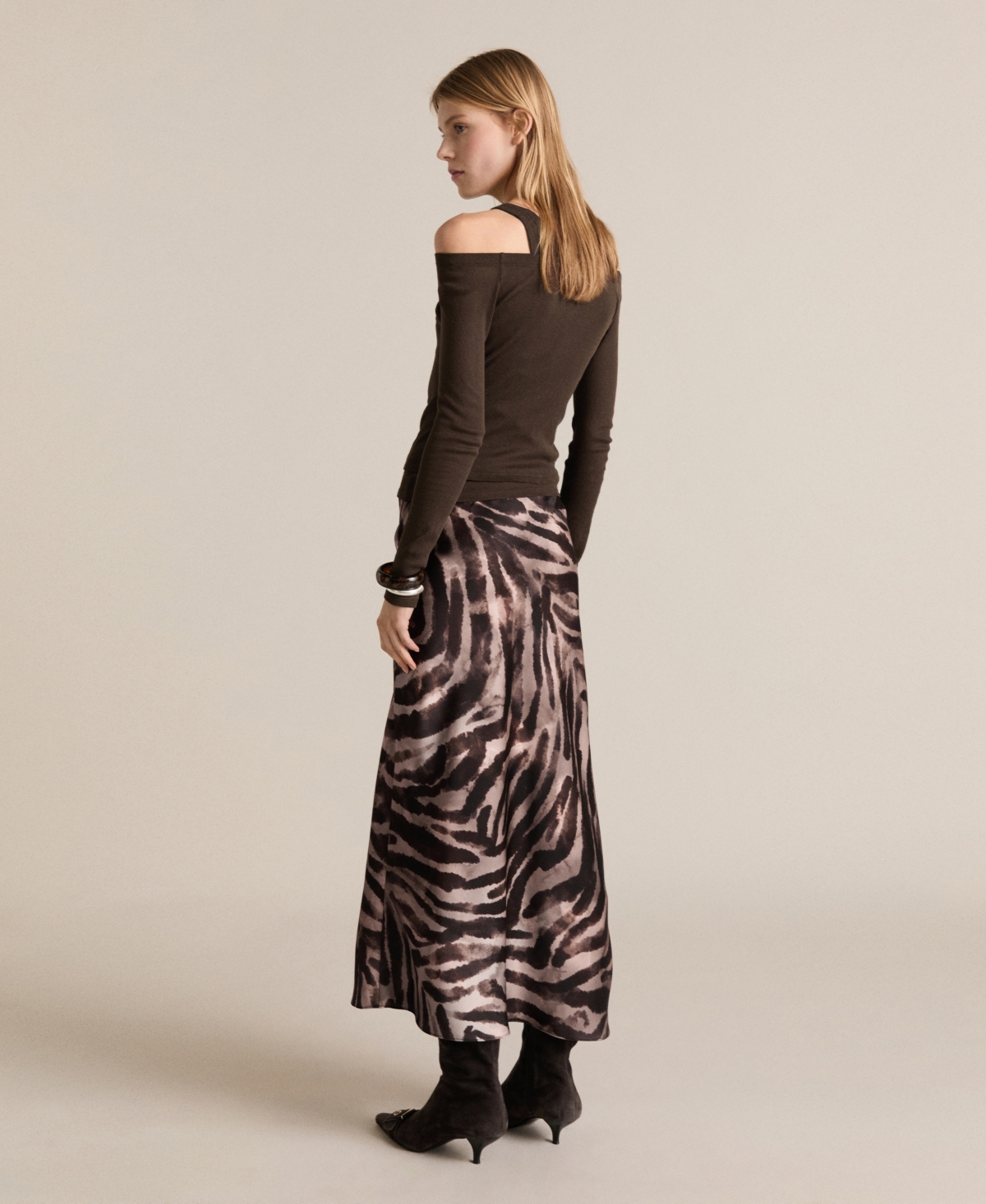 Mango Animal Print Satin Midi Skirt In Brown