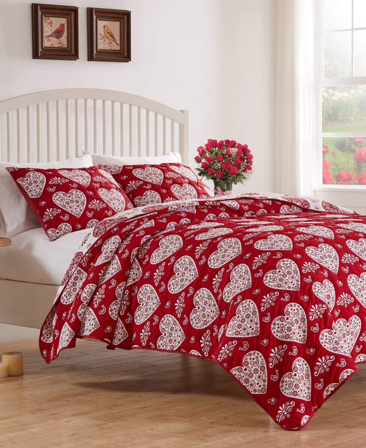 Greenland Home Fashions Lovebirds Woven Jacquard Reversible 3-pc. Coverlet Set, Full/queen In Red