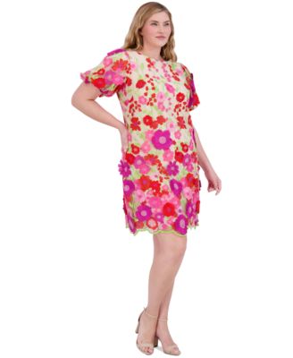 ワンピース Pedicel Embroidery Puff Sleeve Dress Eliza J Plus Size 3D Embroidered-Florals Puff-Sleeve Dress