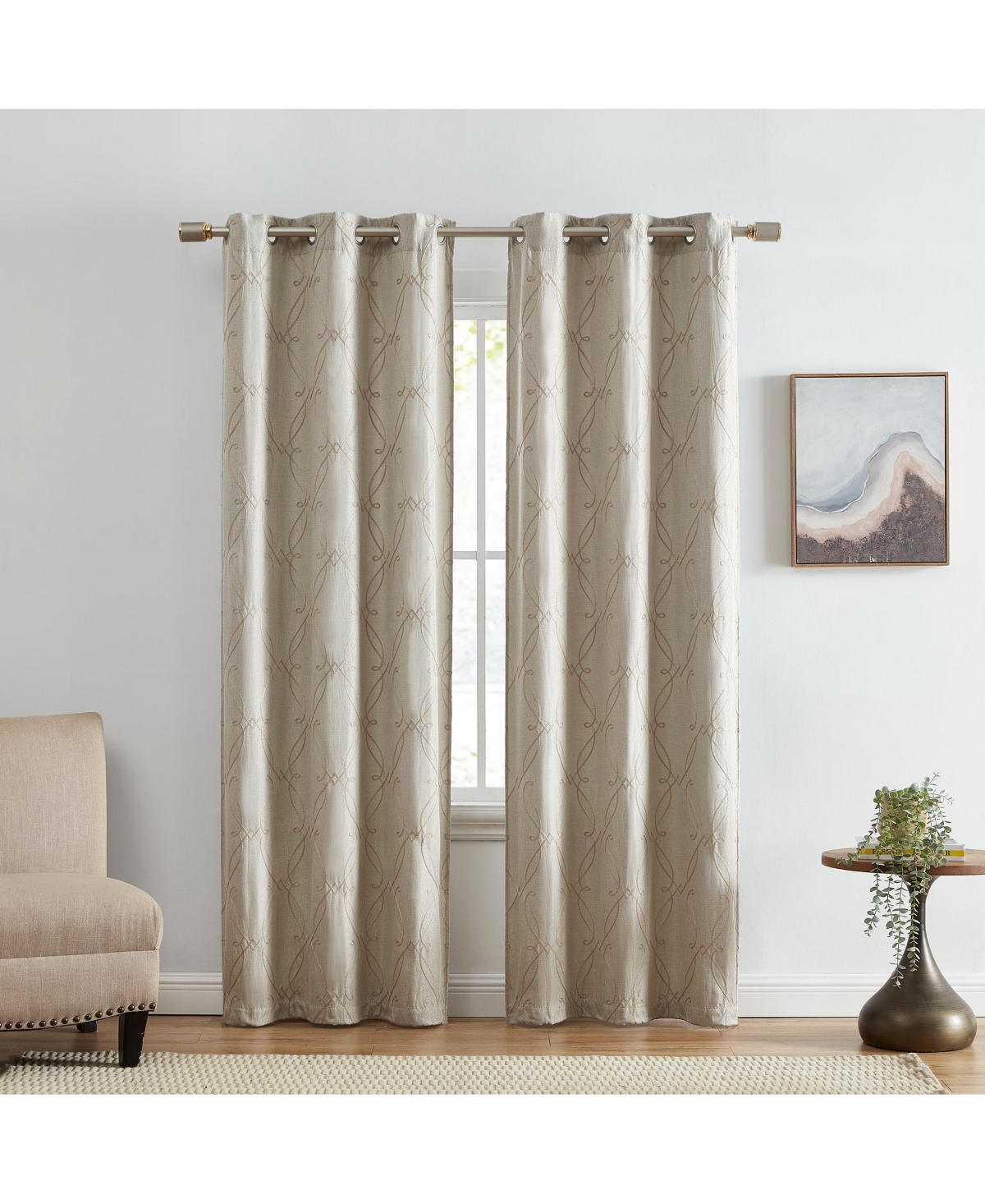 Palmetto Lattice Embroidered Blackout Window Curtain Panel, Set of 2 - Natural