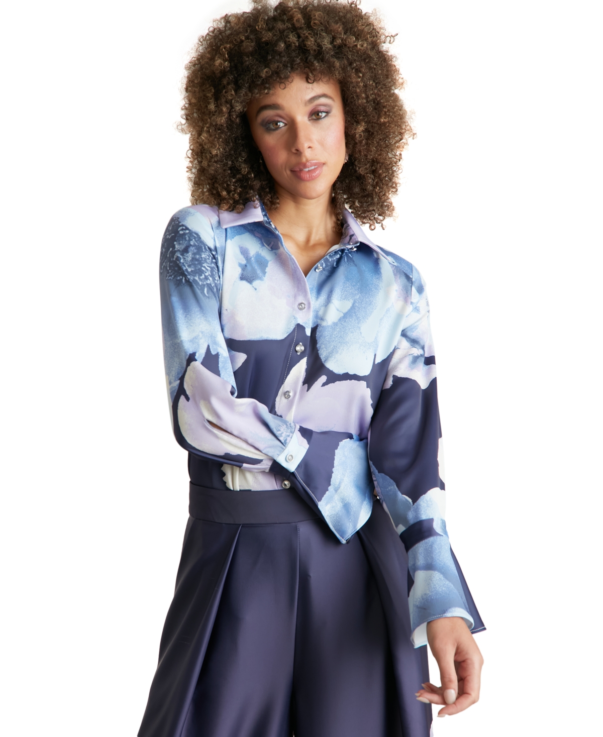 Muse Women's Floral Satin Collared Button-front Blouse In Navy,lilac,blue