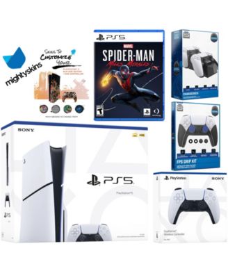 Playstation 5 Slim Disc Bundle with Spider-Man: Miles Morales, Extra Controller, FPS Grip Kit, Dual Charge Dock and MightySkins Decal Voucher