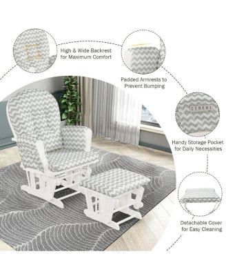 Wood Glider and Ottoman Set with Padded Armrests and Detachable Cushion