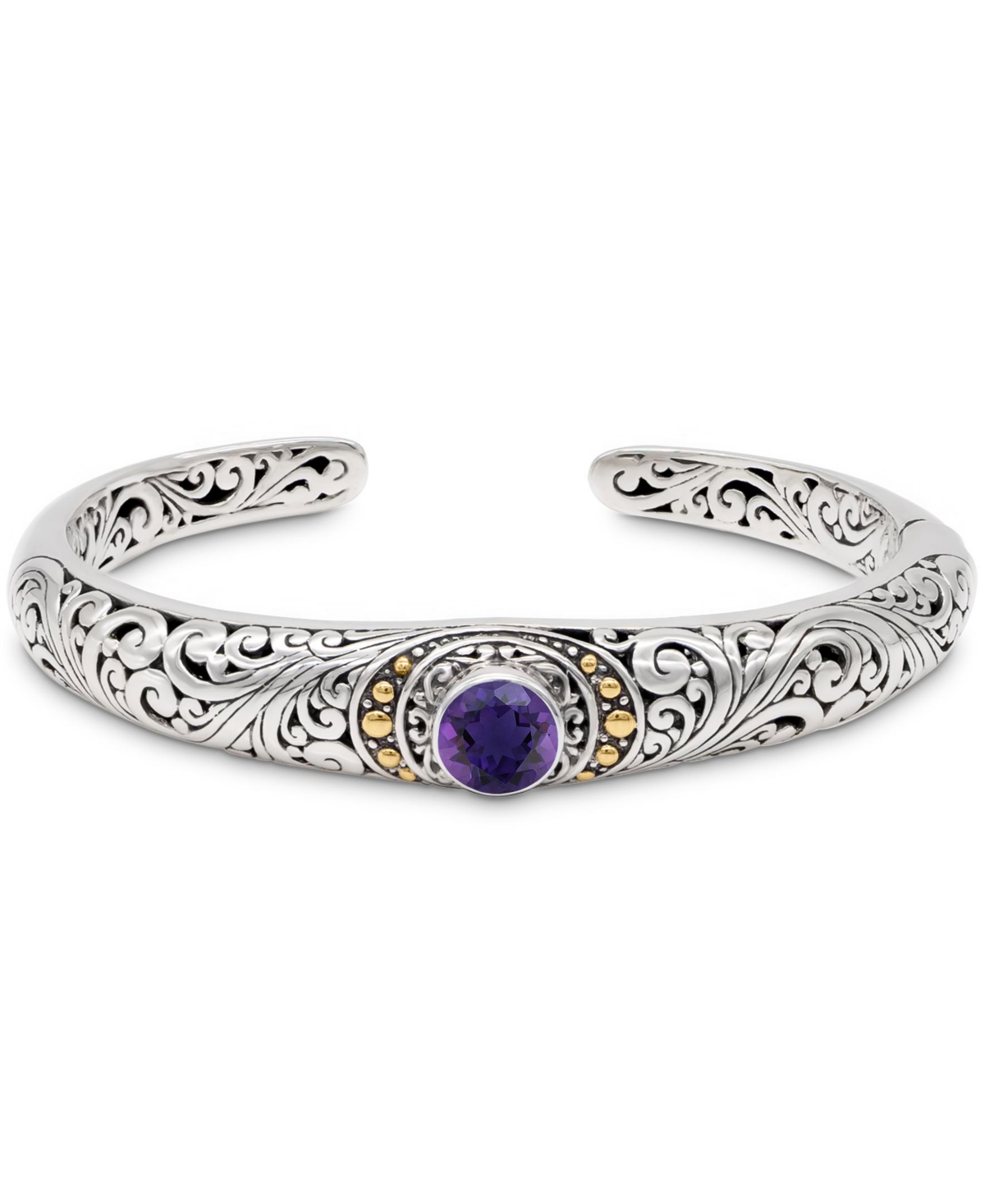 Amethyst & Bali Filigree Cuff Bracelet in Sterling Silver and 18K Gold Accents, Large - Silver, gold, purple