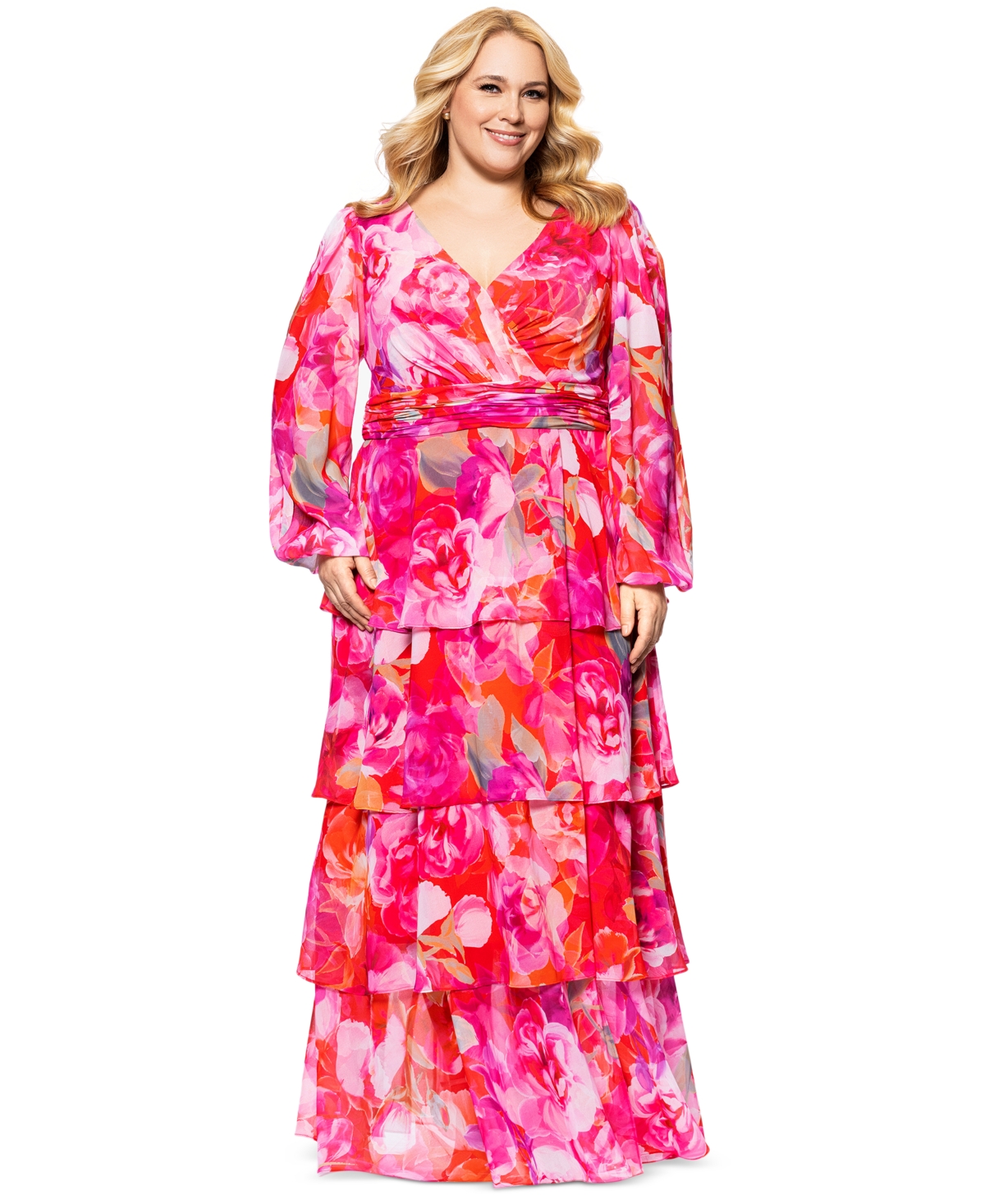 Xscape Plus Size Printed V-neck Tiered-ruffle Chiffon Dress In Red,fuchsia