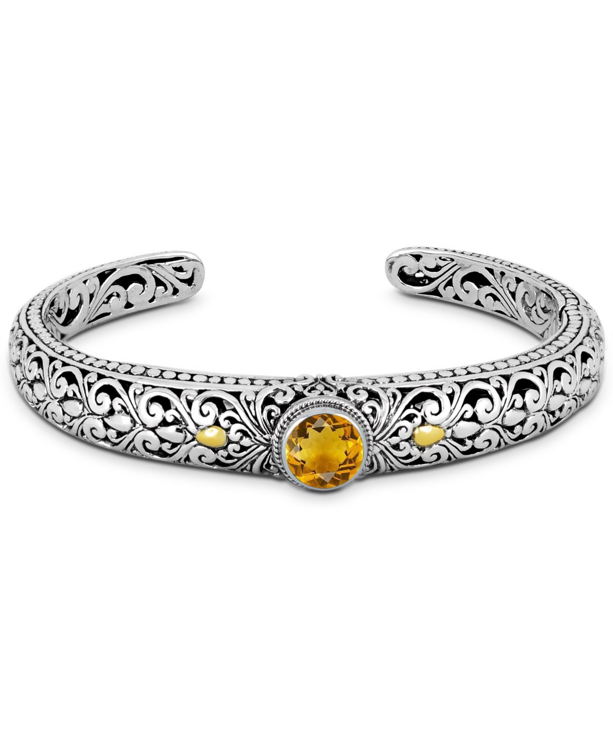 Citrine & Bali Filigree Cuff Bracelet in Sterling Silver and 18K Gold Accents, Large - Silver, gold, yellow