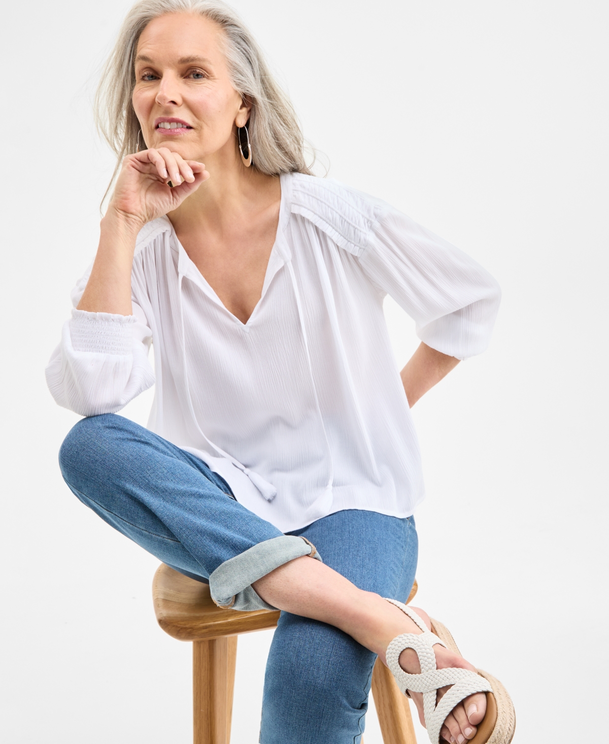 Style & Co Women's Tasseled Split Neck 3/4-sleeve Top, Exclusively At Macy's In Bright White