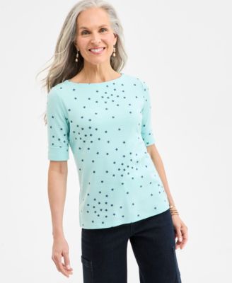 Style & Co - Women's Star-Print Elbow-Sleeve Boat-Neck Top