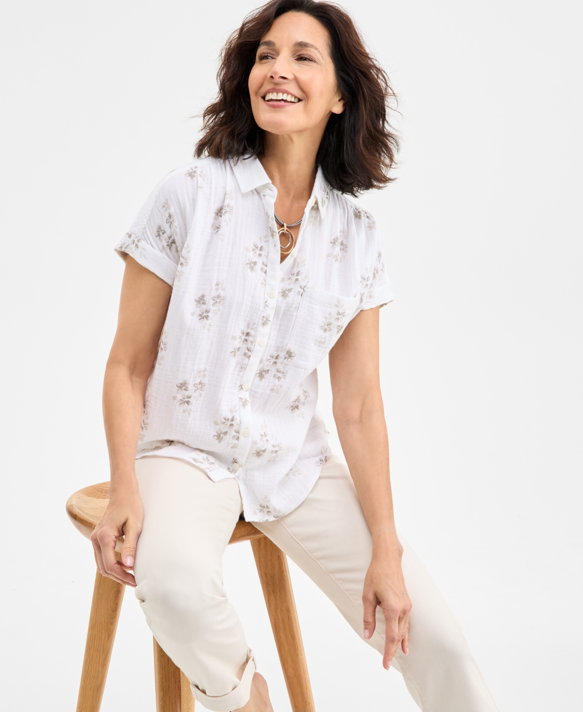 Plus Size Printed Camp Shirt, Exclusively at Macy's - Floral Industrial Blue