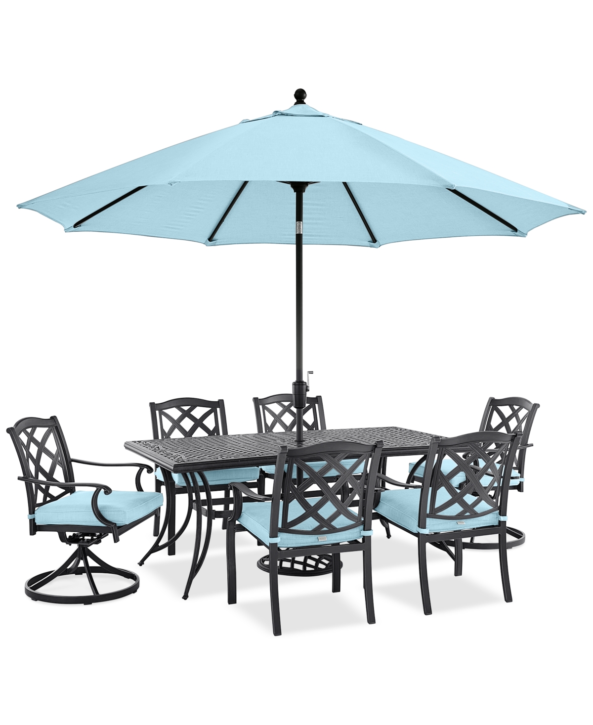 Agio Wythburn Outdoor Dining 7pc Set (72"x 38" Table & 4 Scroll Dining Chairs & 2 Scroll Swivel Chairs)