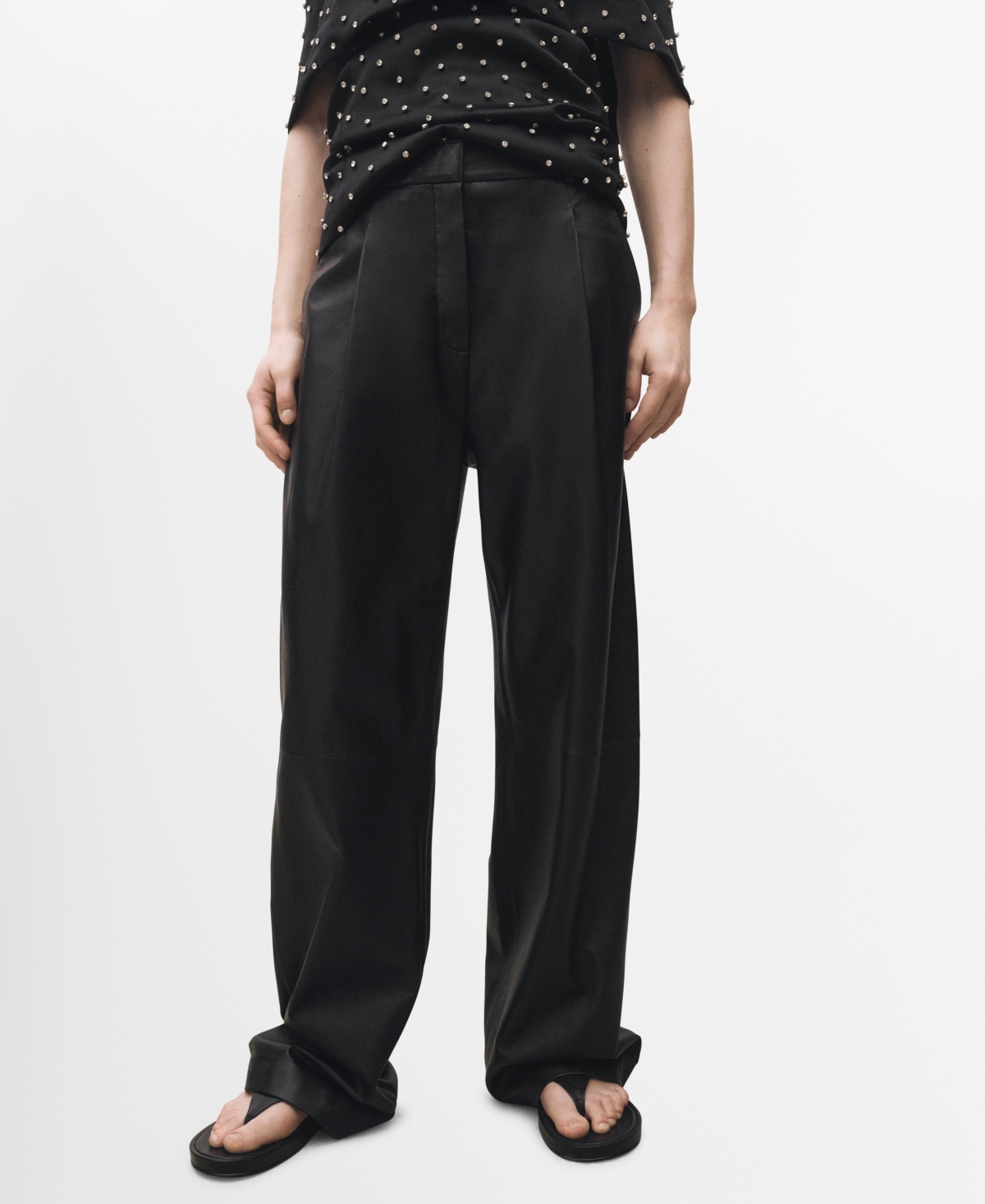 Women's Straight Leather Trousers - Black