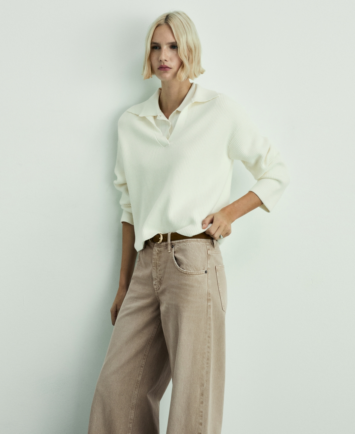 Mango Low Rise Wide Leg Jeans In Sand