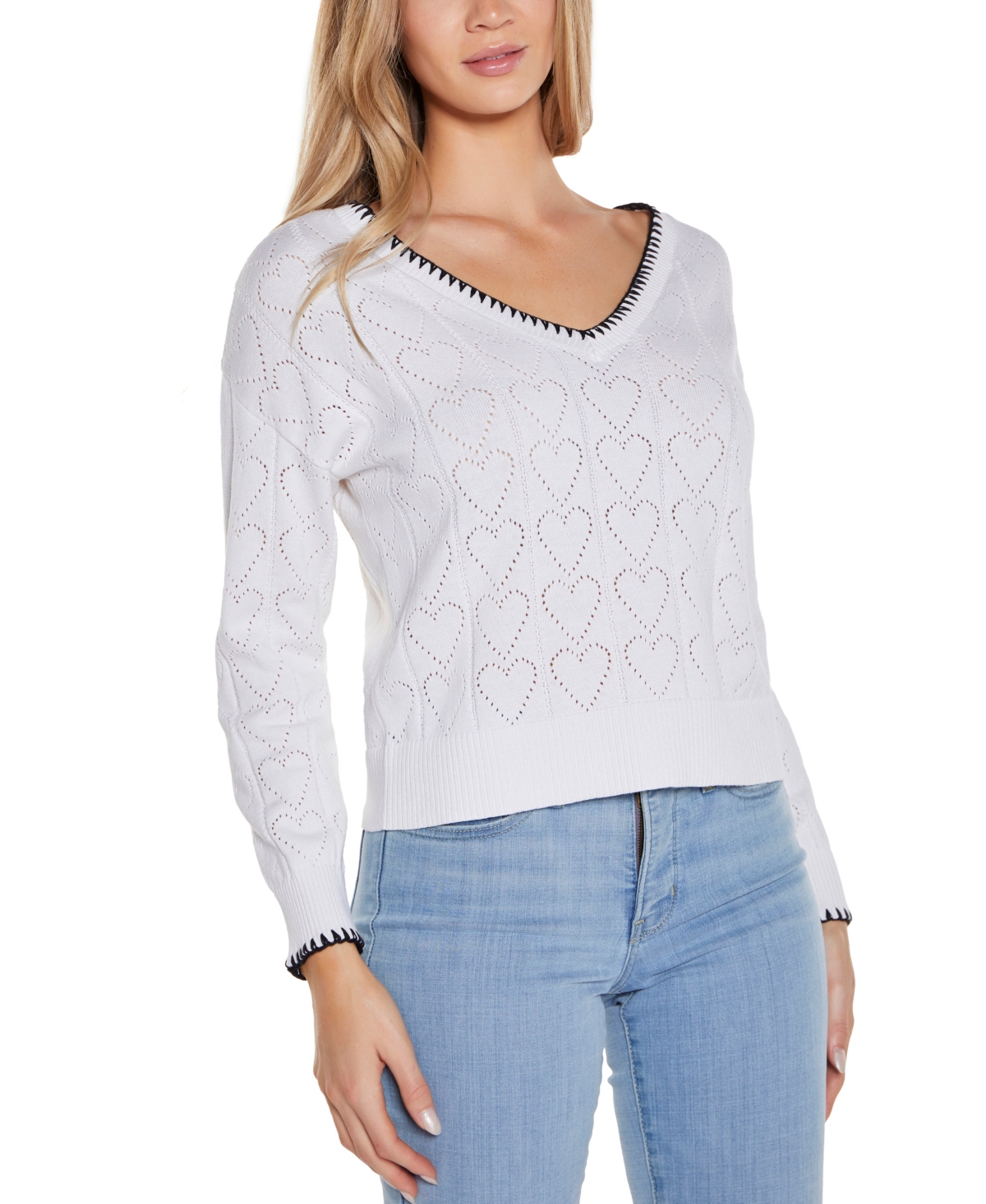 Shop Belldini Women's Heart Pointelle V-neck Sweater In White,black